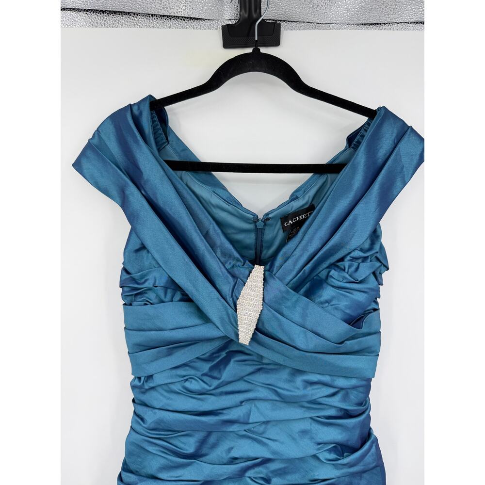 Vintage Cachet Maxi Rushed Dress Size 8 Petite Gown Teal Blue Prom Formal Y2K - Picture 4 of 12